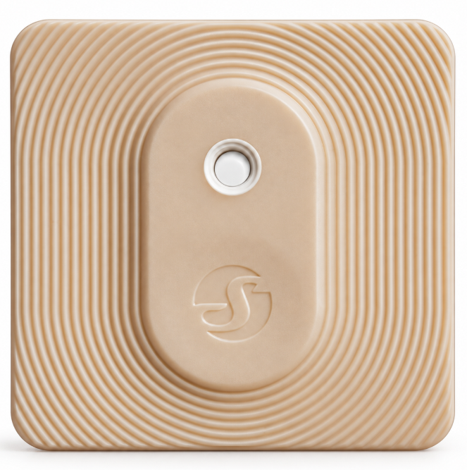 Beige square smart device with textured concentric ripple design, white circular button and embossed logo
