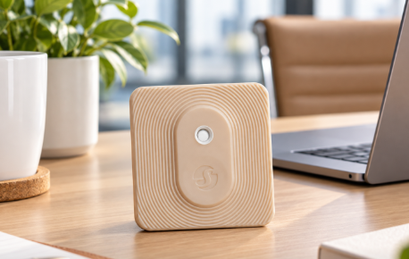 Compact beige smart device displayed on wooden office desk with laptop and indoor plants