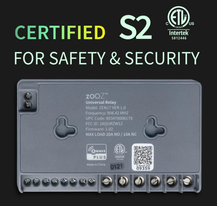 ZOOZ ZWAVE PLUS UNIVERSAL RELAY WITH 2 NO & NC RELAYS (20A, 10A)