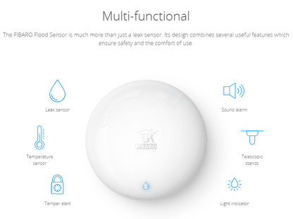 Fibaro Flood Sensor is a universal, Z-Wave compatible, flood and temperature sensor